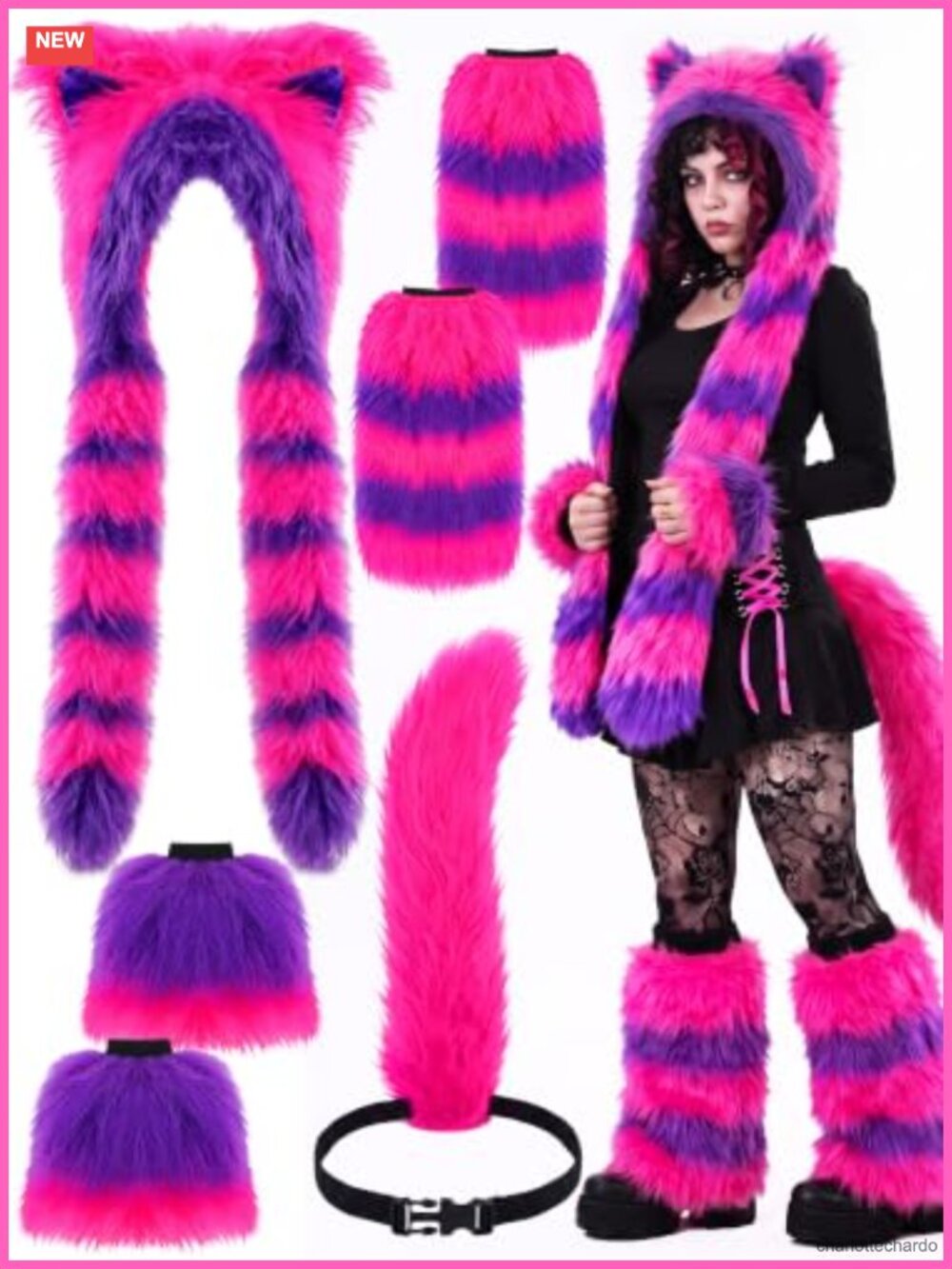 Faux Fur Cat Costume Accessory Set Hat Sleeves Socks Tail Cosplay